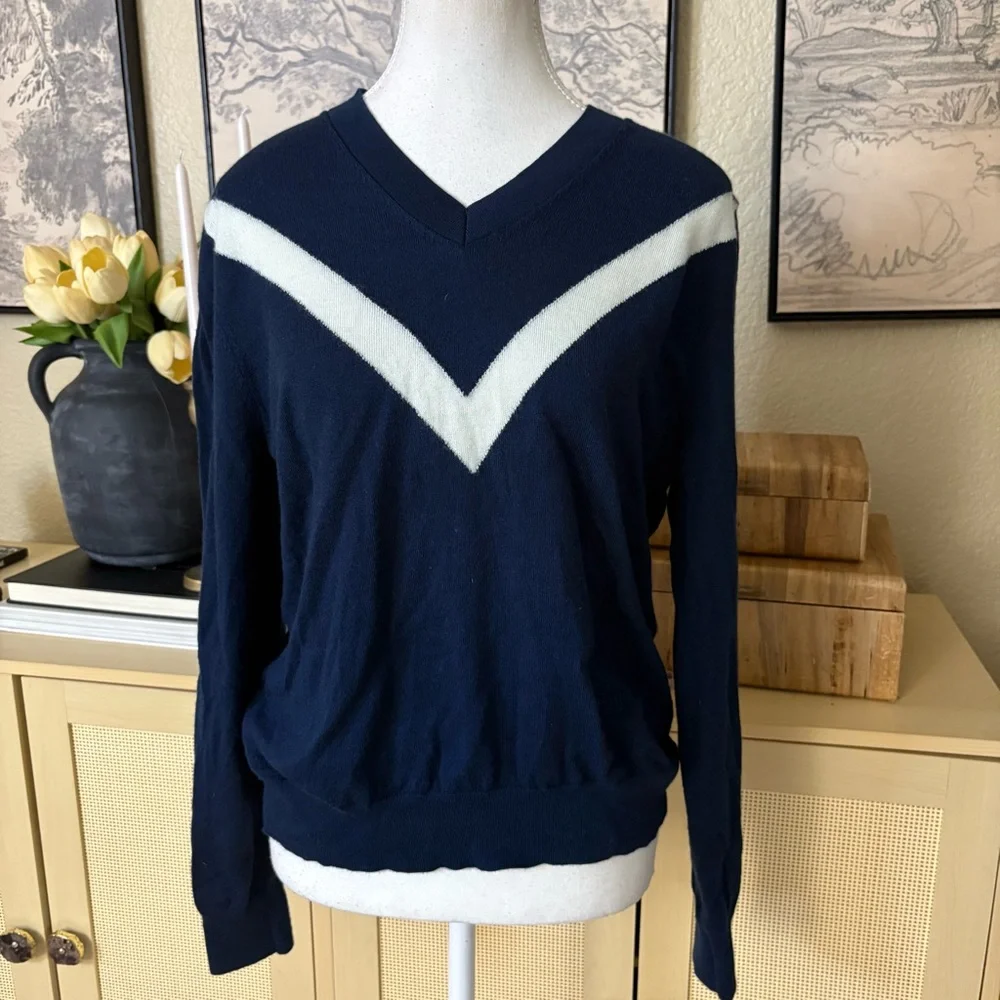 TORY BURCH‎ Merino Wool Chevron Sweater Navy White Chevron Size Large